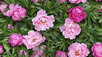 Vibrant seamless pattern featuring peonies various shades of pink surrounded by lush green leaves, creating lively