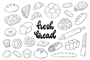 Bread doodles, bakery theme cartoon elements, stickers, clipart for coloring pages, stickers, signs, prints, banners, cards, etc. EPS 10