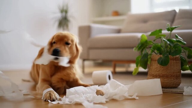 Playful golden retriever surrounded by shredded toilet paper, creating a humorous scene Stock Video