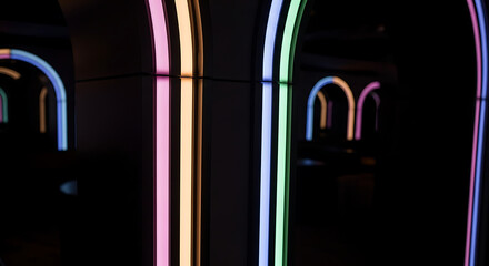 Abstract view of colorful neon arches in a dark space creating a tunnel like effect and reflections ai generated