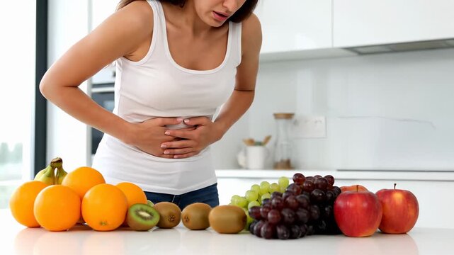 Woman experiences stomach pain while surrounded by fresh fruits in modern kitchen. Healthy eating, digestive discomfort, and wellness concerns are highlighted in this relatable scenario.