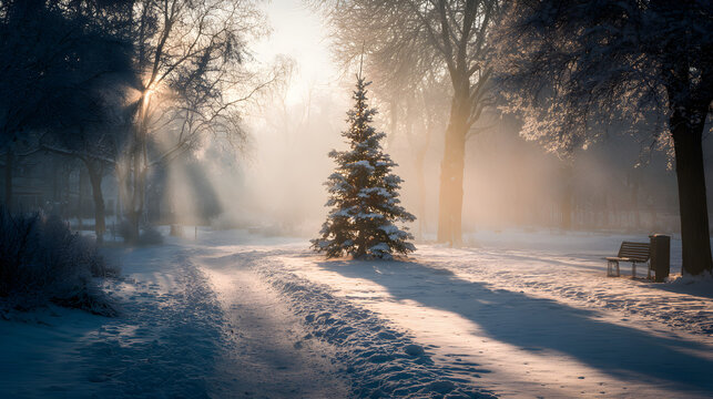 Christmas tree in snowy park, morning sunlight through fog, compositional leading lines, tranquil atmosphere