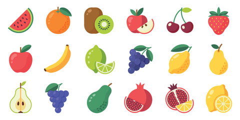 Modern Flat Fruit Icon Collection: Vibrant Vector Symbols for Watermelon, Lemon, Banana, and More