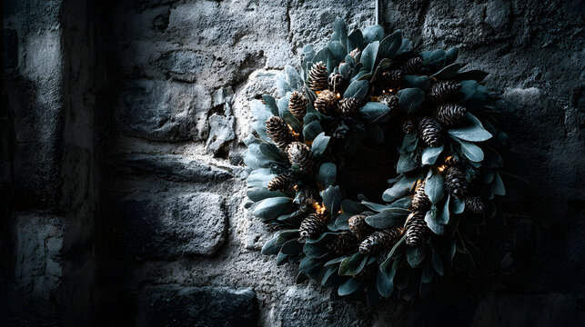 Christmas wreath on textured stone wall, matte light and rustic elegance, homely seasonal tone