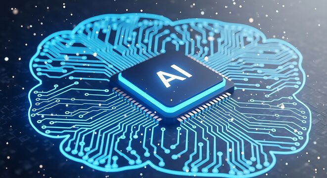 Artificial intelligence brain circuit board with glowing ai chip - Powered by Adobe
