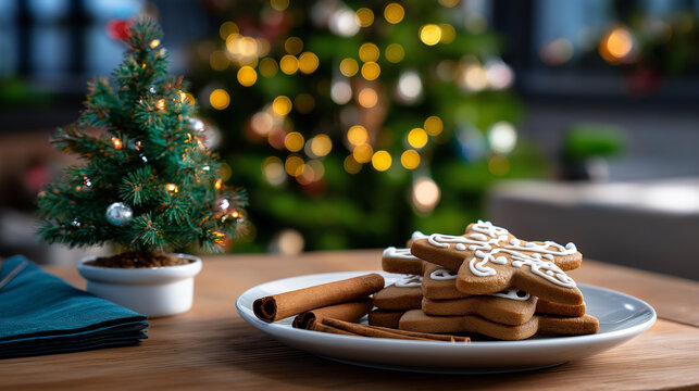 Blurred background of a decorated Christmas tree while a gingerbread cookie in focus rests on a plate beside cinnamon sticks, with copy space.