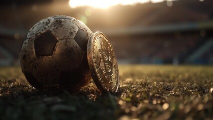 football soccer ball with bitcoin coin lying on the pitch in football stadium. crypto sport e sport. with camera rotation - Powered by Adobe