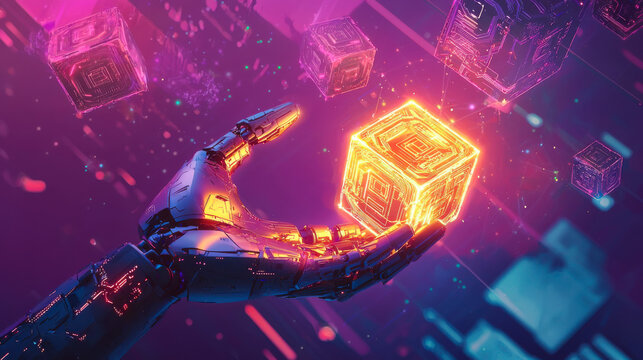 Futuristic hand holds glowing Bitcoin block with digital backdrop showcasing blockchain connections