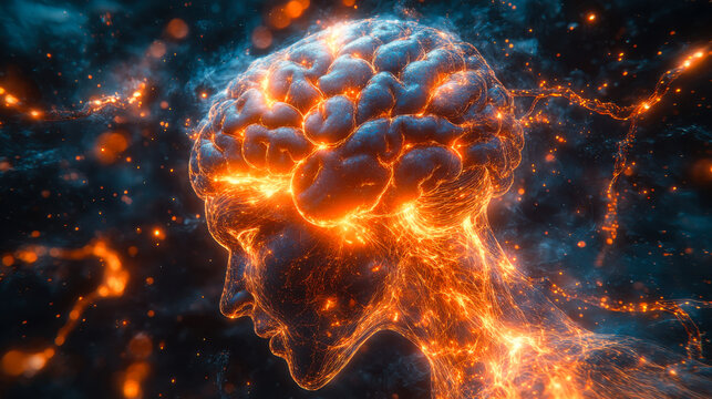 Creative representation of a neural network illuminating the power of the human brain in a dark environment