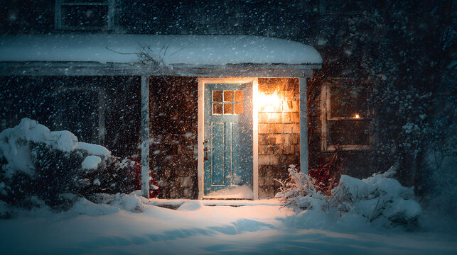 Cottage door under snowfall, soft backlighting and rustic cozy aesthetic
