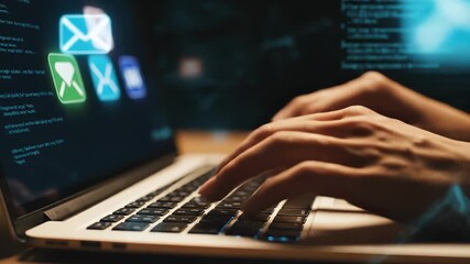 Hands typing on laptop with digital interface. Technology use for online communication and information exchange. Modern workspace vibe conveys productivity and efficiency. - Powered by Adobe