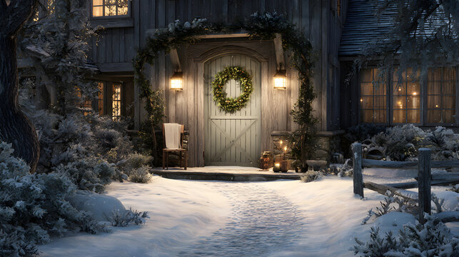 Cottage entrance with wreath and snow trail, atmospheric glow and rustic charm
