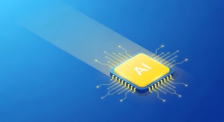 Artificial intelligence chip with glowing ai symbol and data stream
