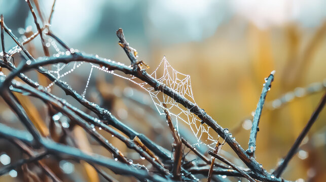 Sharp macro photo of dew covered spider web on twigs, showcasing nature delicate beauty and intricate details