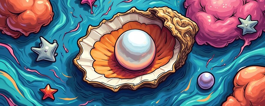 Pop art illustration of pearl in open oyster shell on abstract background. Colorful cartoon drawing with graffiti doodles water waves, stars. Modern comic style creative composition with bold lines. - Powered by Adobe