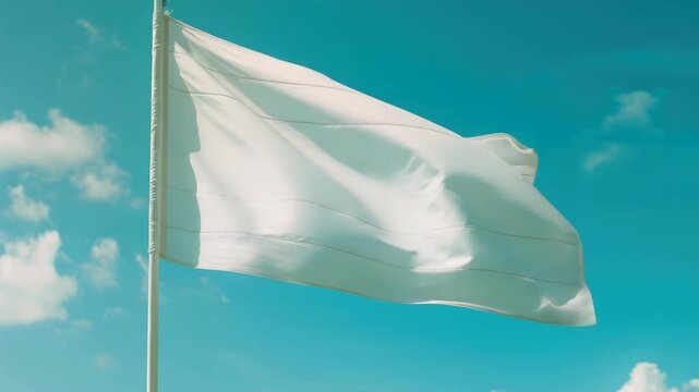 A single white flag on a pole waving freely against a backdrop of clear blue skies and fluffy clouds, conveying themes of peace, surrender or truce.
