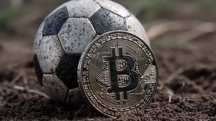 football soccer ball with bitcoin coin lying on the pitch in football stadium. crypto sport e sport. with camera rotation - Powered by Adobe