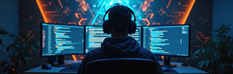Programmer with headphones works on complex code on multiple monitors in dim room. Neon geometric patterns on wall. Futuristic tech environment with plants.