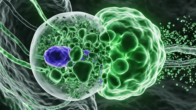 Immersive 3D animation inside a cell, following a phagosome and lysosome as they travel on tracks and merge.