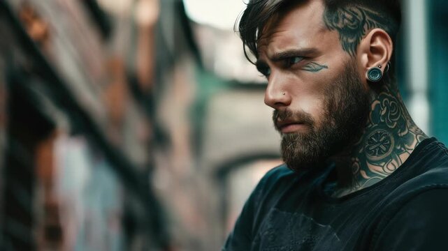A side view of a man with tattoos and beard.