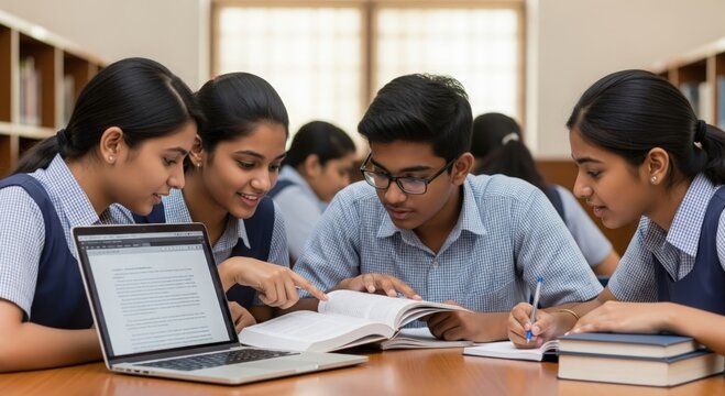 Indian High School Students Collaborating on Research in Library