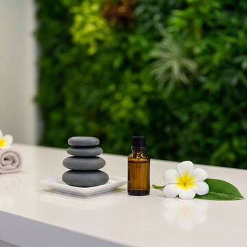 A spa welcome desk or reception area. On the clean, minimalist counter, a small white tray holds two stacks of dark grey hot stones, an amber glass bottle of essential oil, and a delicate white plumer