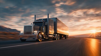 Truck Traveling on Highway at Golden Sunset - Transportation and Logistics