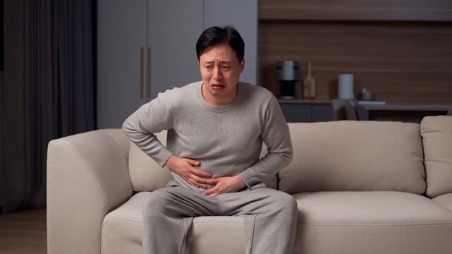 A man on a couch, experiencing stomach pain Stock Video