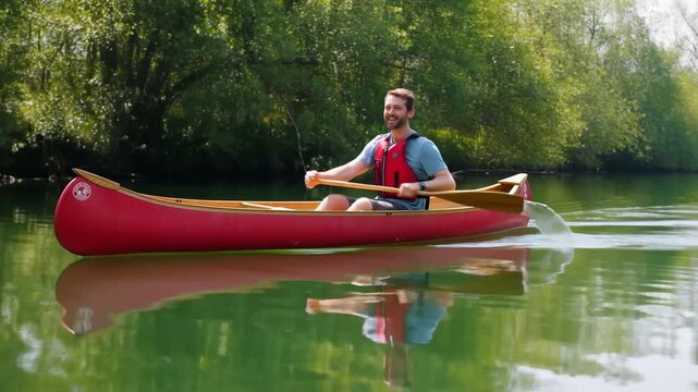 A man paddles a canoe on a calm river, enjoying the serene atmosphere Stock Video