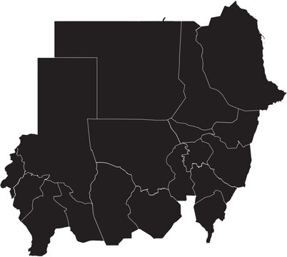 Simple Map of Sudan with Administrative Borders and Internal Regions in Black Layout