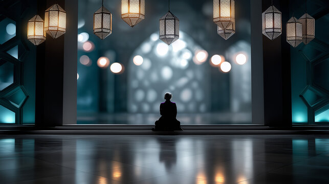 Faceless silhouette sitting quietly near the mihrab, surrounded by geometric patterns and soft bokeh from hanging lanterns, with copy space.