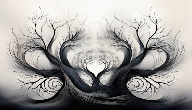 abstract depiction of bare trees shrouded in swirling black mist against a white background
