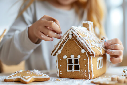 A child carefully decorates a gingerbread house with icing and candy, surrounded by flour. The cozy atmosphere captures the joy of baking during the holiday season