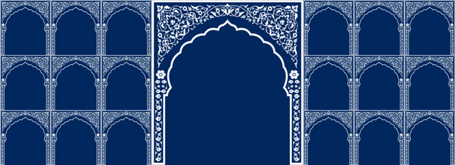 Set of windows Beautiful Arch small and Big Design with Indian Rajasthani fort and Culture. Wedding Backdrop and other uses. Abstract Indian floral design, Persian carpet, tribal texture, Vector File.