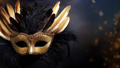 elegant venetian mask gold black feathers dark background for masquerade party invitation