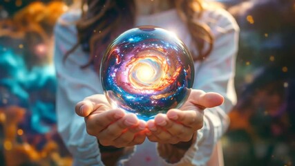 Woman Holding Cosmic Orb, Galaxy in Hands