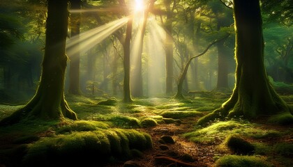 enchanting forest scene with sunbeams shining through the trees onto a mossy forest floor