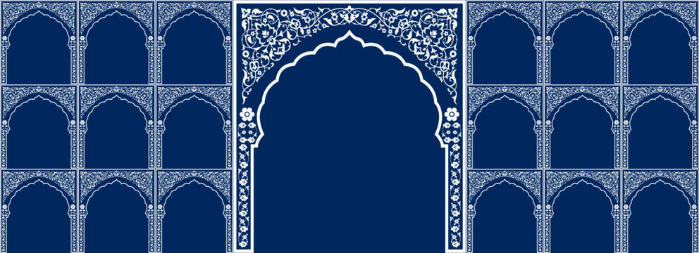 Set of windows Beautiful Arch small and Big Design with Indian Rajasthani fort and Culture. Wedding Backdrop and other uses. Abstract Indian floral design, Persian carpet, tribal texture, Vector File.