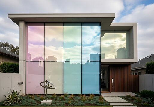Contemporary home with vibrant reflective glass fa?ade and artistic yard art