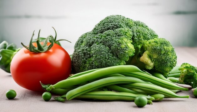 fresh green vegetables including broccoli and green beans with tomatoes in the background - Powered by Adobe