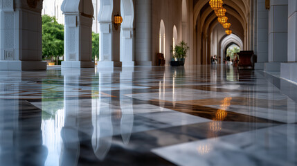 Softly blurred reflection of domes and arches on polished marble floor, subtle human shape visible in the distance, with copy space.