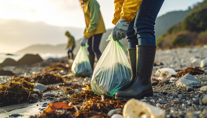 People cleaning up trash on a rocky beach