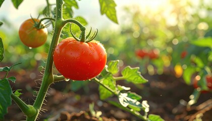 Close-up of ripe, red tomatoes on the vine, glistening with water droplets