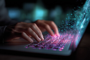  A futuristic holographic visualization of quantum computing information and energy flows controlled by human hands on a laptop.
