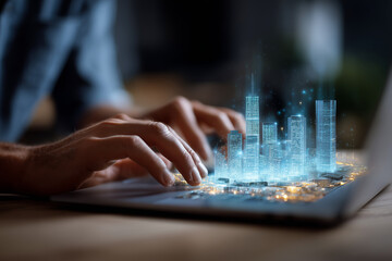  A high-tech visualization of a futuristic smart city projected as a hologram above a laptop, symbolizing AI-driven urban management.
