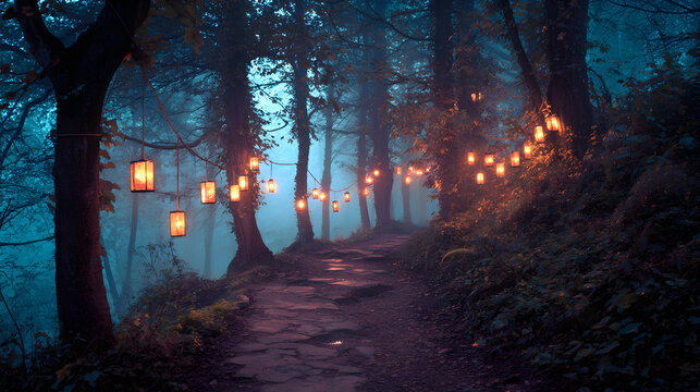 Forest trail illuminated by lanterns, cinematic HDR fog and serene emotional tone