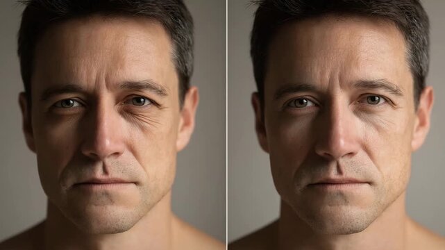 Side by side comparison portrait of a middle aged man showing visible results of anti aging treatment with reduced wrinkles and smoother skin.