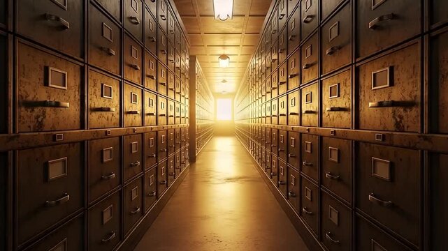 Long corridor lined with numerous old metal filing cabinets extending into the distance with a bright light at the far end creating an atmospheric and mysterious archive scene