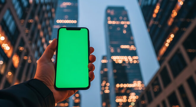 A person holds a mobile phone with a green screen for custom content, set against the blurred background of illuminated city skyscrapers at dusk