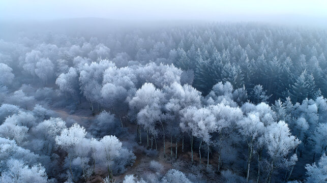 Frosted forest viewed from drone, cinematic aerial HDR capture and wide tranquil tone